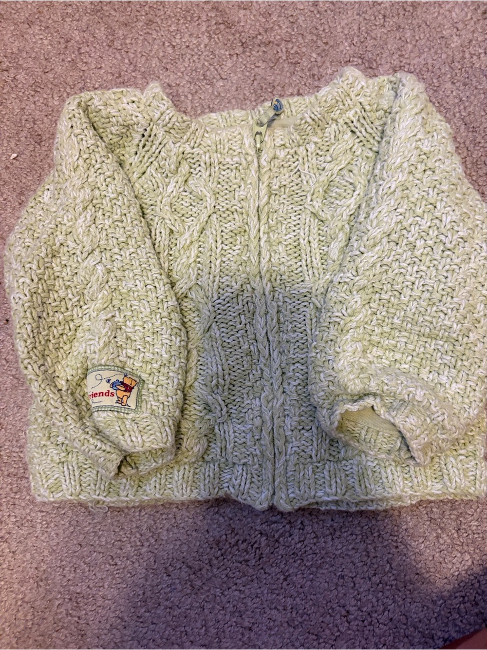 Vintage Disney Light Green Chunky Cable-Knit Zip Cardigan